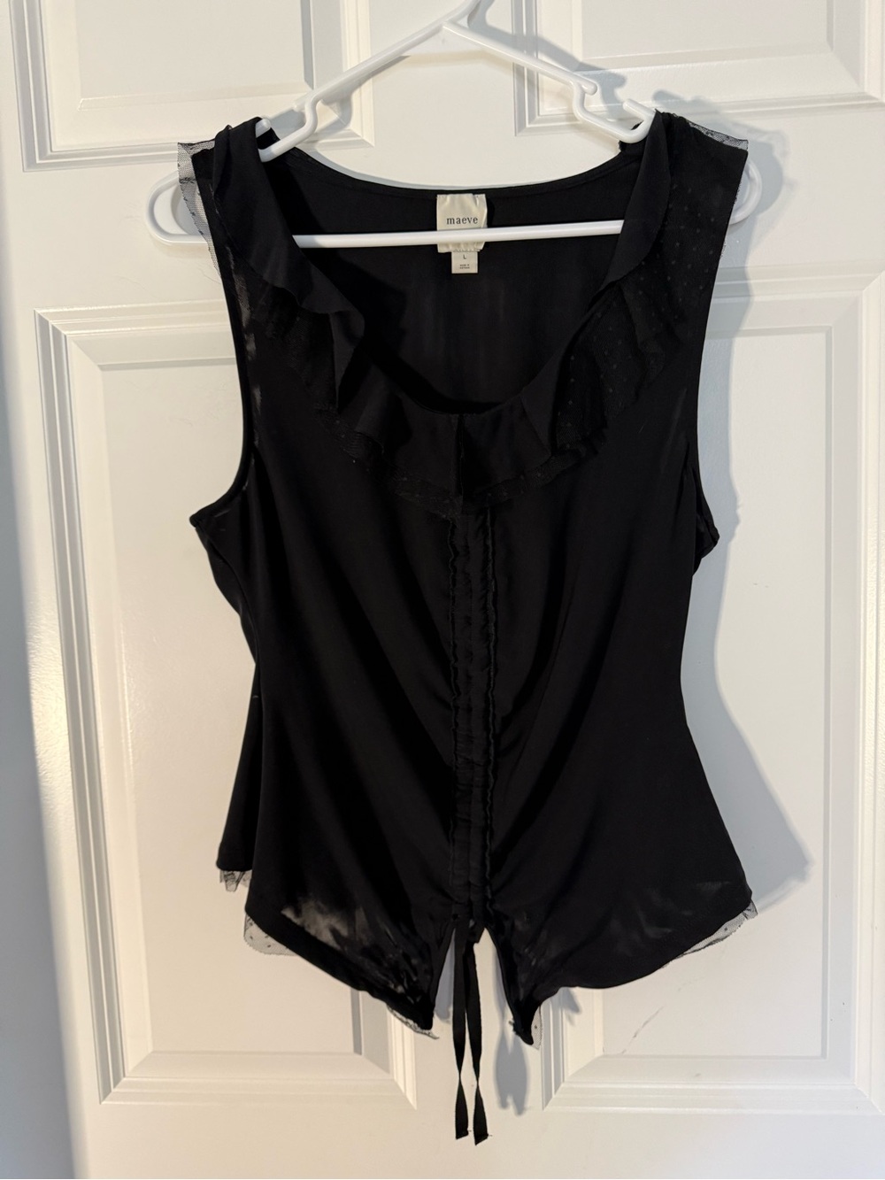 Anthropologie Maeve Black Ruffled Sleeveless mesh Top size L